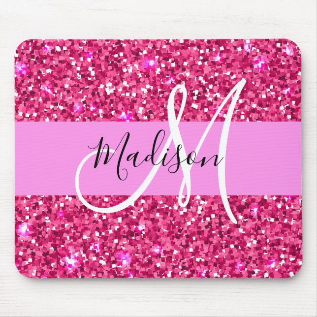 Mousepad Glam Girly Hot Pink Glitter Sparkles Nome Monogram (Frente)