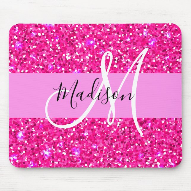 Mousepad Glam Girly Hot Pink Glitter Sparkles Nome Monogram (Frente)