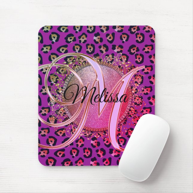 Mousepad Glam Leopard Pink e Monograma Roxo (Com mouse)