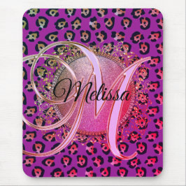 Mousepad Glam Leopard Pink e Monograma Roxo