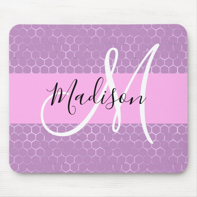 Mousepad Glam Lilac Metálico Rosa Honeycomb Monograma Nome (Frente)