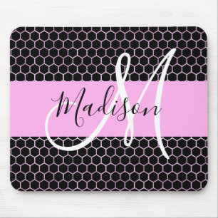 Mousepad Glam Metalizado Preto Mel Rosa favo de mel Monogra