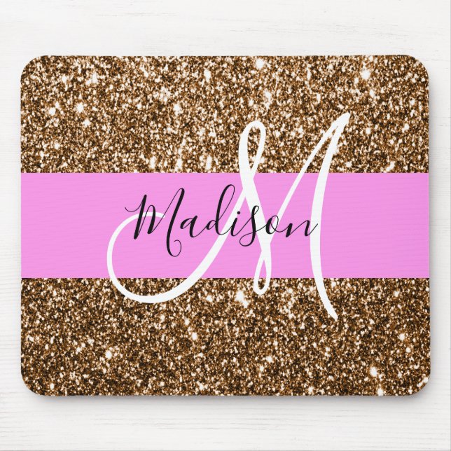 Mousepad Glam Pink & Bronze Gliters Espalha Monograma Nome (Frente)