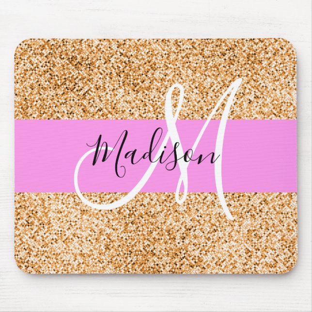 Mousepad Glam Pink & Copper Glitter Sparkles Nome do Monogr (Frente)
