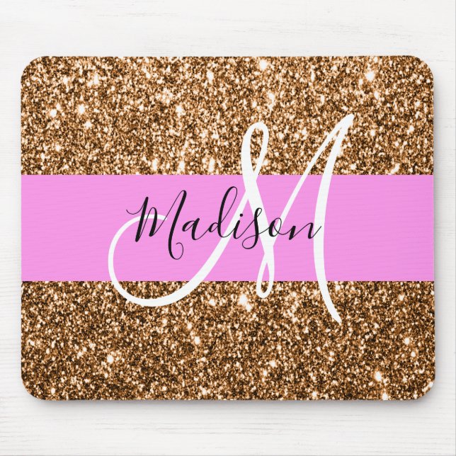 Mousepad Glam Pink & Copper Glitter Sparkles Nome do Monogr (Frente)