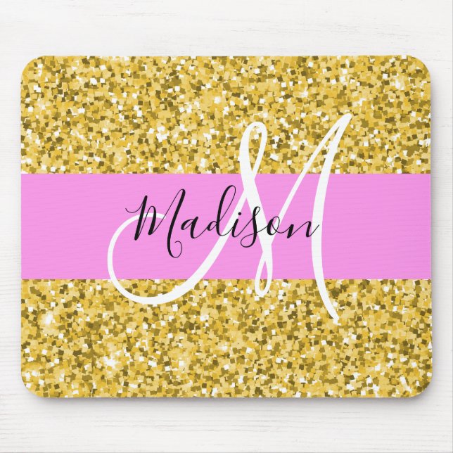 Mousepad Glam Pink e Glitter Dourado Sparkles Nome do Monog (Frente)