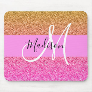 Mousepad Glam Pink & Gold Glitter Sparkle Gradient Monogram