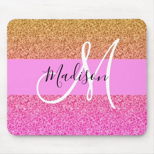 Mousepad Glam Pink & Gold Glitter Sparkle Gradient Monogram (Frente)