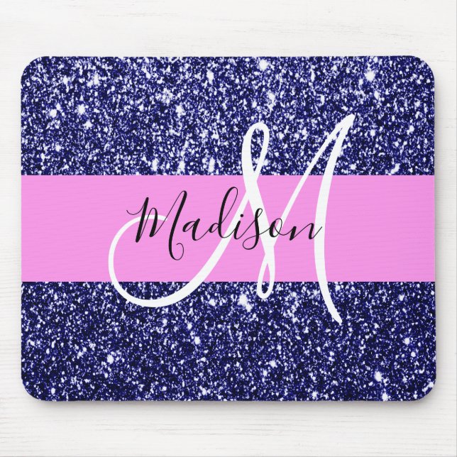 Mousepad Glam Pink Marinho Blue Glitter Sparkles Nome Monog (Frente)