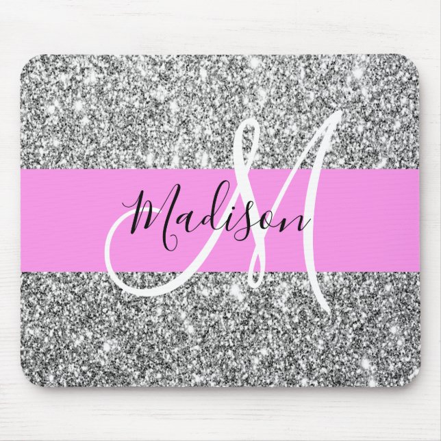 Mousepad Glam Pink & Silver Glitter Sparkles Nome do Monogr (Frente)