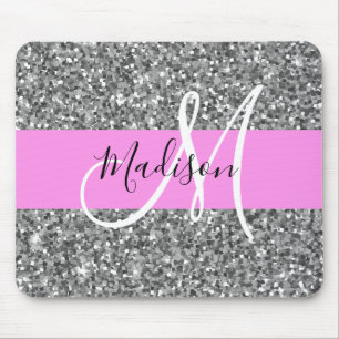 Mousepad Glam Pink & Silver Glitter Sparkles Nome do Monogr