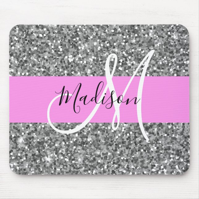 Mousepad Glam Pink & Silver Glitter Sparkles Nome do Monogr (Frente)