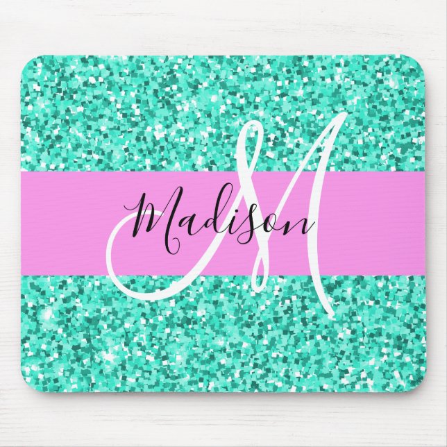Mousepad Glam Pink Turquoise Glitter Sparkles Monogram Name (Frente)