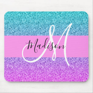 Mousepad Glam Purple Aqua Glitter Sparkle Gradient Monogram