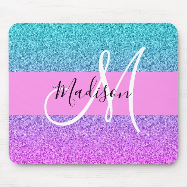 Mousepad Glam Purple Aqua Glitter Sparkle Gradient Monogram (Frente)
