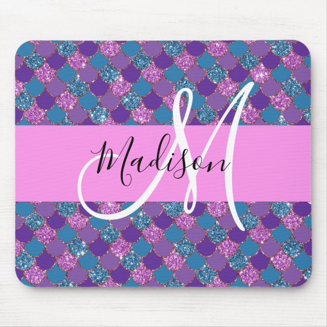 Mousepad Glam Purple Mermaid Glitter Sparkles Monograma Nom (Frente)