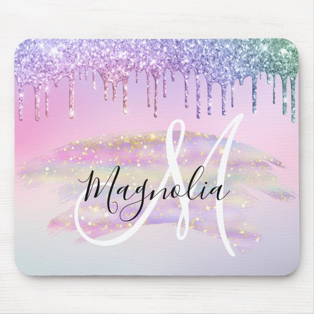 Mousepad Glam Rainbow Unicorn Ombre Glitter Pink Monograma (Frente)