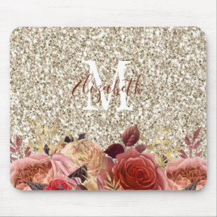 Mousepad Glam Rosa Dourado Floral Monograma Dourado Leve