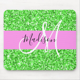 Mousepad Glam Rosa e Verde Brilho Monograma Nome