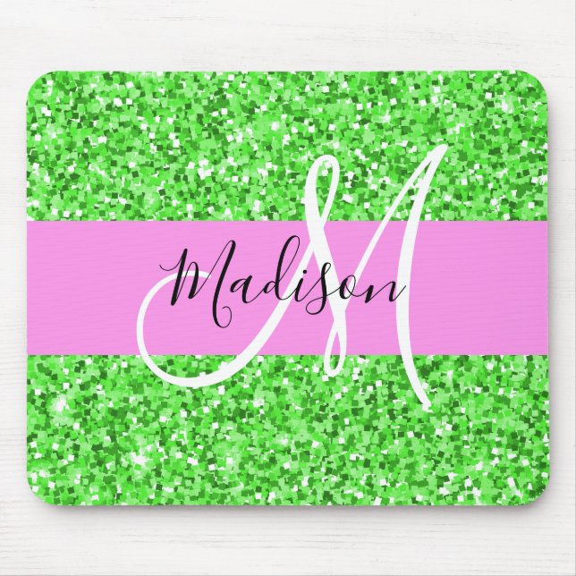 Mousepad Glam Rosa e Verde Brilho Monograma Nome (Frente)
