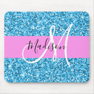 Mousepad Glam Sky Blue Pink Glitter Sparkles Nome Monograma