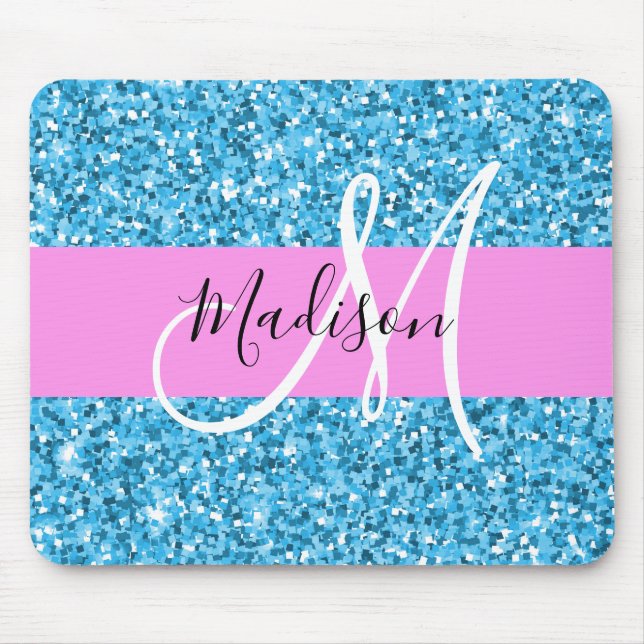 Mousepad Glam Sky Blue Pink Glitter Sparkles Nome Monograma (Frente)