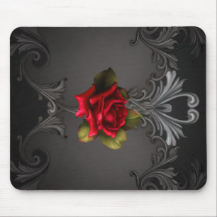 Mousepad Glamor Gótico Rosa vermelha Grelha Ornamental Negr
