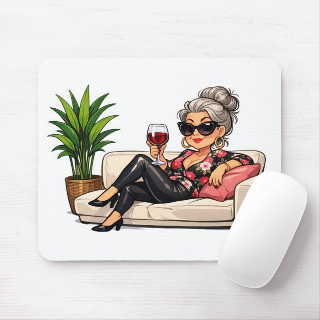 Mousepad Glamorous Old Lady With Wine (Com mouse)