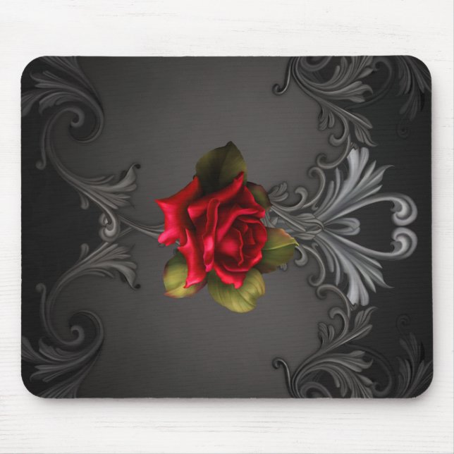 Mousepad Glamour Gótico Rosa Vermelha Preta Ornamental Glam (Frente)