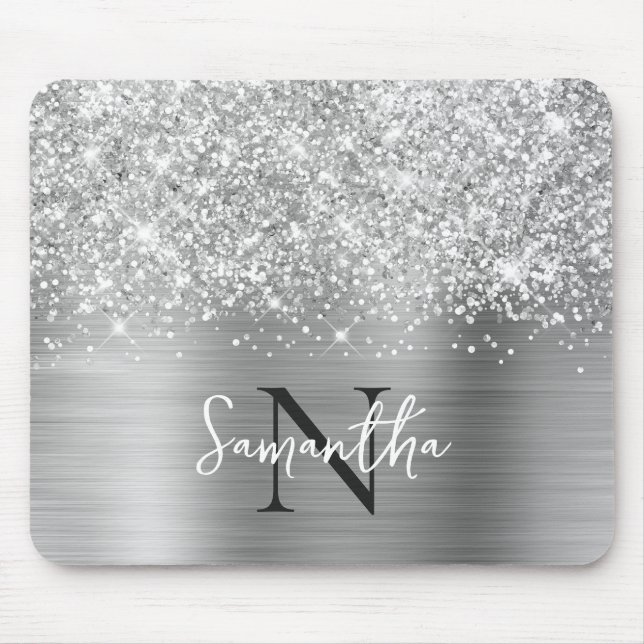 Mousepad Glamour Monogramado Cinza Prateado Brilhante (Frente)
