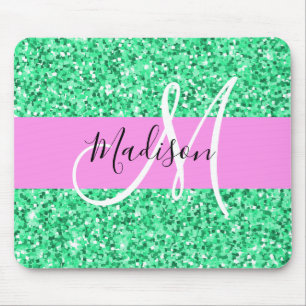 Mousepad Glamour Rosa e Verde Brilho Faíscas Monograma Nome