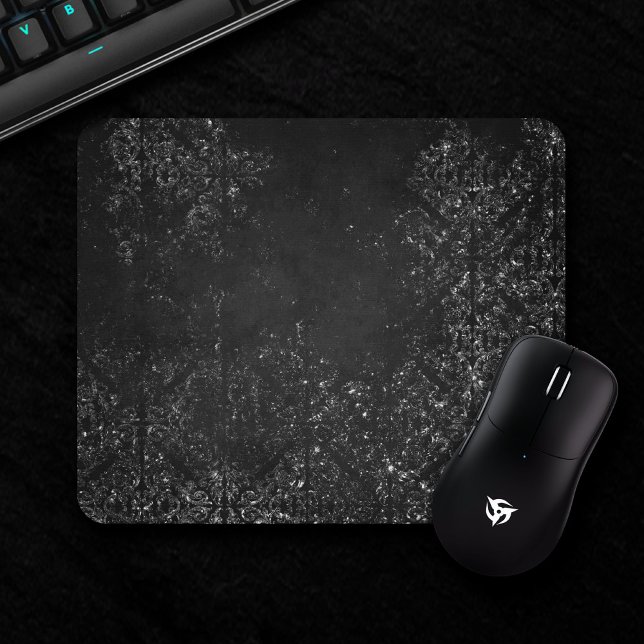 Mousepad Glimmery Onyx Grunge | Silvery Black Glam Damask (Criador carregado)