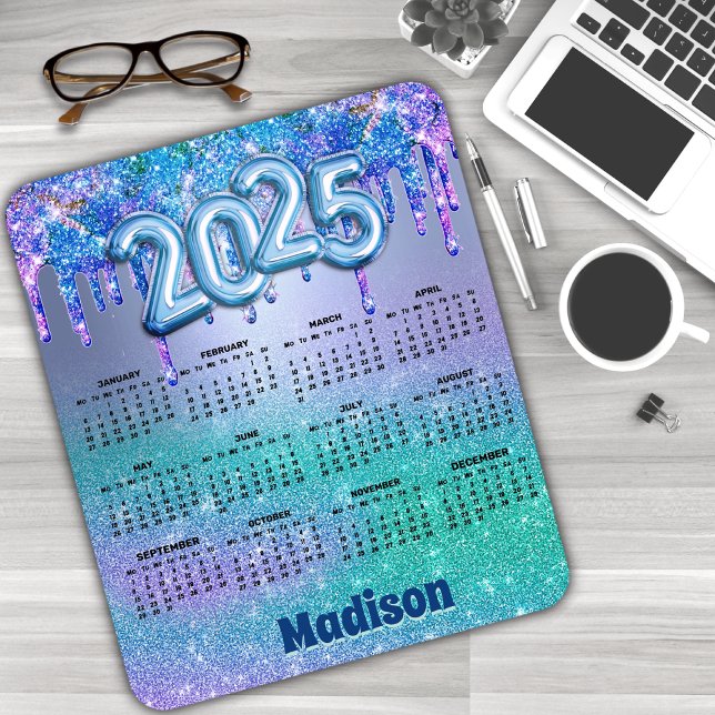 Mousepad Glitter azul-chic púrpura pinga no calendário 2025 (Criador carregado)