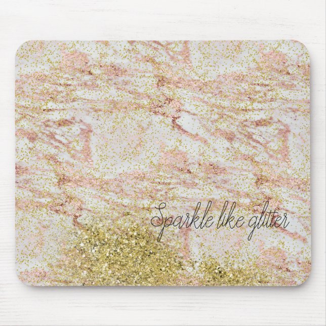 Mousepad Glitter Dourado de Confetti Faux Marble Rosa (Frente)