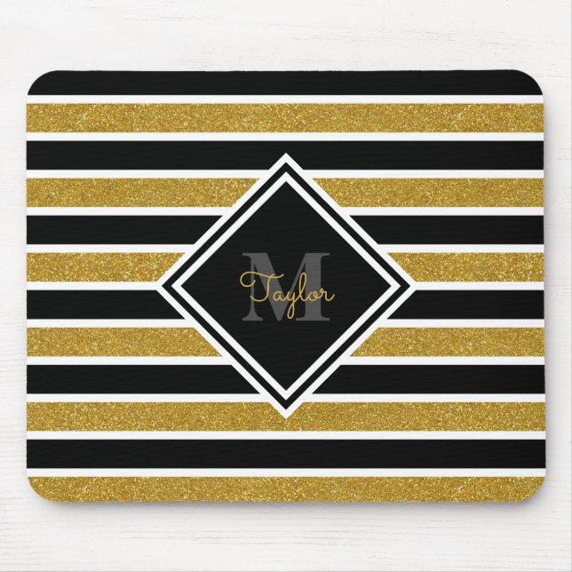 Mousepad Glitter Dourado Elegante com Monograma de Nome (Frente)