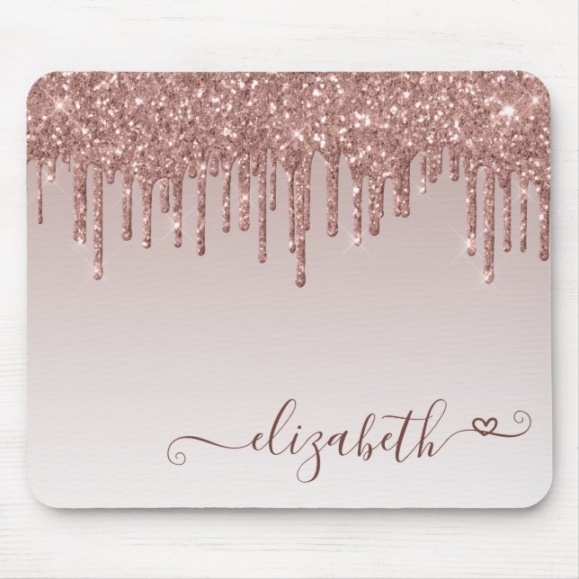 Mousepad Glitter Drips Rosa Dourado Elegant Heart Script Na (Frente)