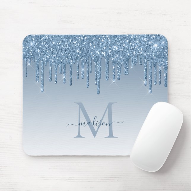 Mousepad Glitter Drives Blue Sparkle Monograma Elegante (Com mouse)