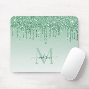 Mousepad Glitter Drives Mint Green Sparkle Monograma Elegan