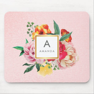 Mousepad Glitter Girard Watercolor Peony Flowers Monograma