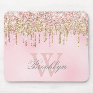 Mousepad Glitter Gota Grelha Rosa Rosa Monograma Dourado