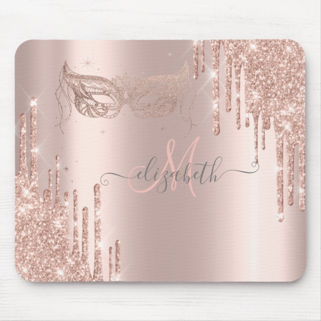 Mousepad Glitter Moderno Coloca Monograma Dourado de Rosa (Frente)
