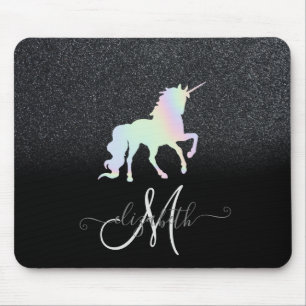 Mousepad Glitter Ombre Monograma Preto Holográfico Unicórni