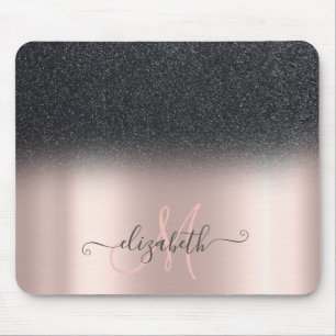 Mousepad Glitter Ombre Preto Moderno Monograma Dourado Rosa