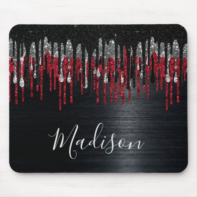 Mousepad Glitter preto e vermelho-prateado chic goteja mono (Frente)