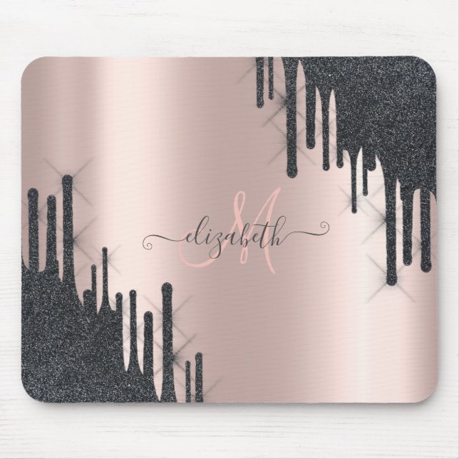 Mousepad Glitter preto moderno tira Rosa Monograma Dourado (Frente)