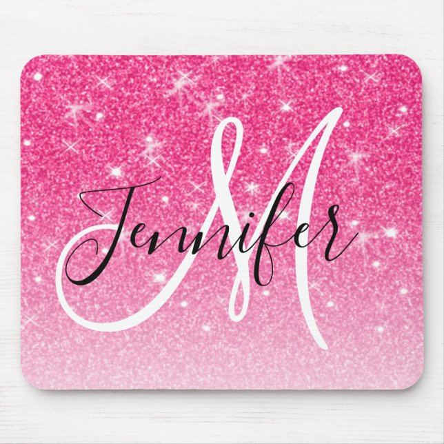 Mousepad Glitter Rosa Quente Brilhante Brilha Nome do Monog (Frente)