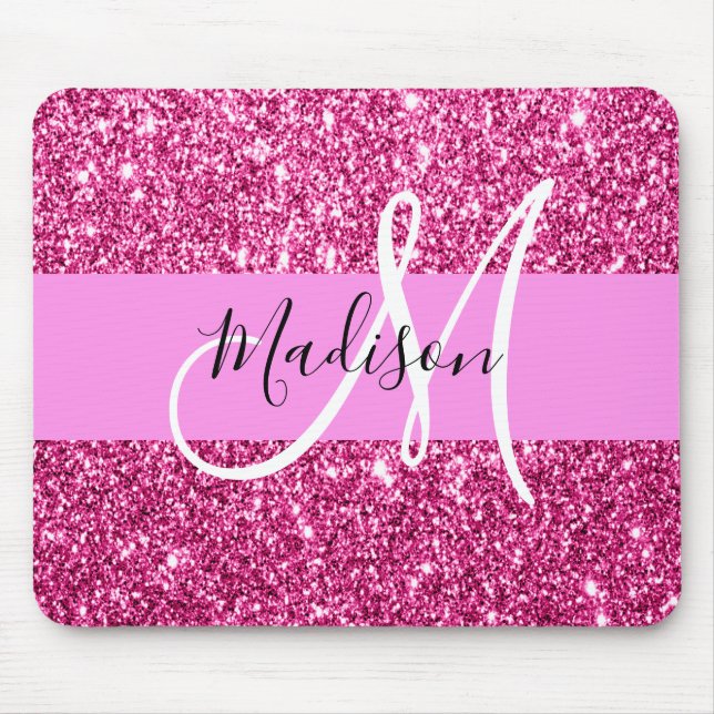 Mousepad Glitter Rosa Quente e Brilhante brilha Monograma (Frente)