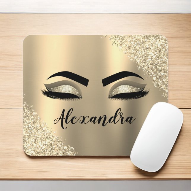 Mousepad Glitter Sparkle Eyelashes Dourado Nome do Monogram (Criador carregado)