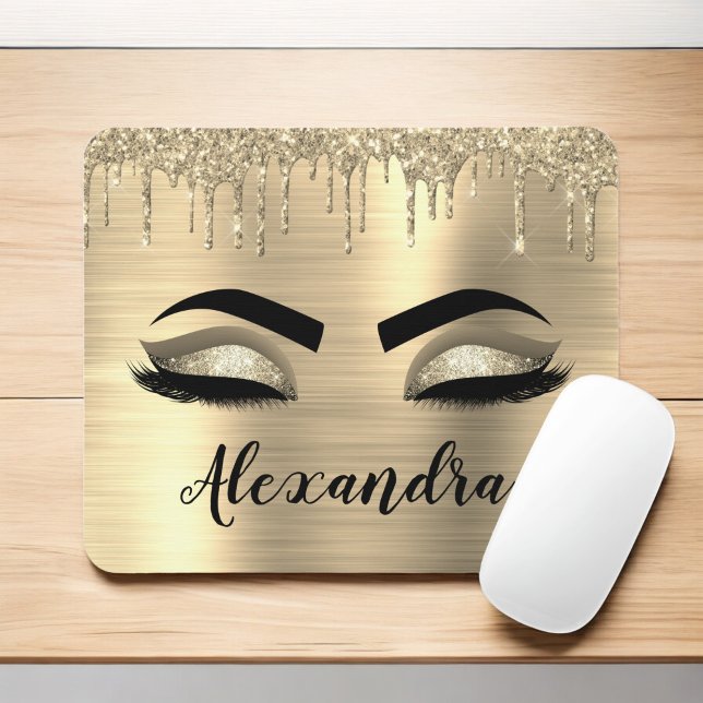Mousepad Glitter Sparkle Eyelashes Dourado Nome do Monogram (Criador carregado)