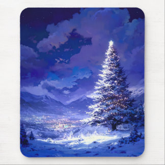 Mousepad Glowing Christmas Tree Snowy Mountain Landscape